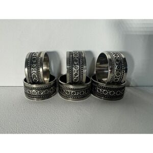 Vintage Silver Tone Stamped Geometric Napkin Rings Set of 6 Boho Southwestern